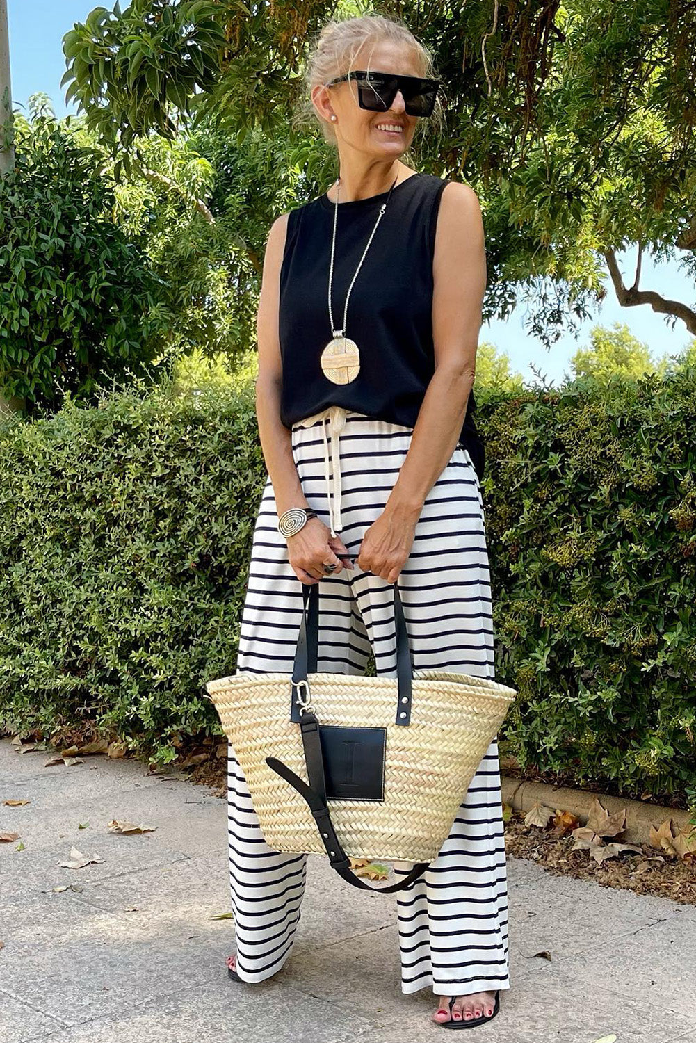 White Drawstring Striped Wide Leg Pants - Glimmer Road 