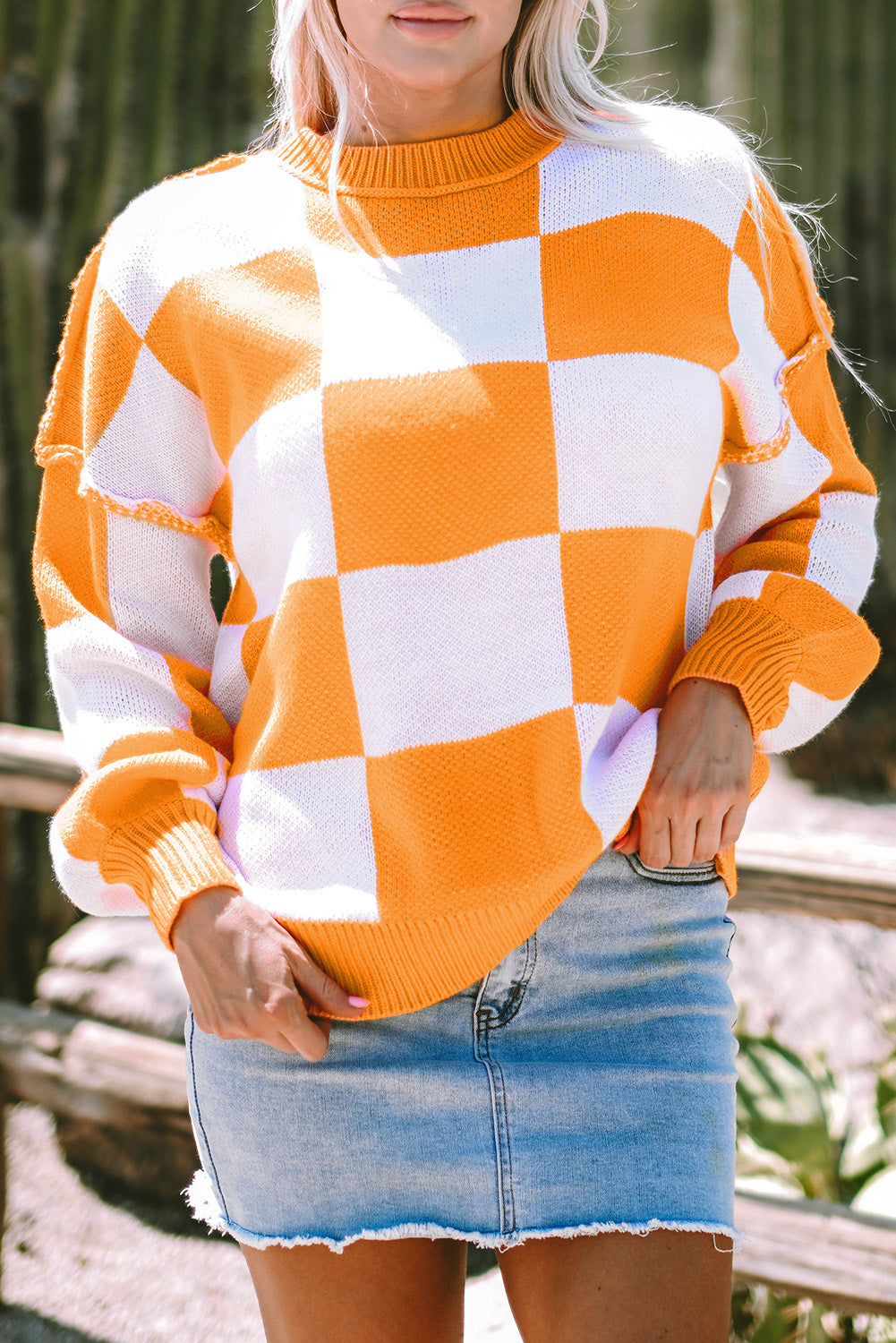 Orange Checkered Bishop Sleeve Sweater - Glimmer Road 