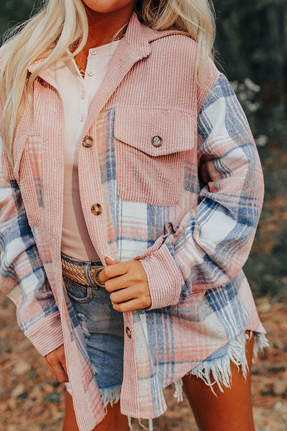 Light Pink Plaid Corduroy Patchwork Chest Pocket Shacket - Glimmer Road 