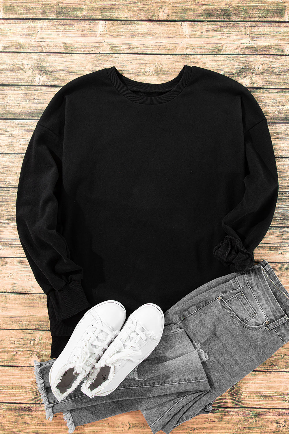 Black Solid Fleece Lined Drop Shoulder High Low Sweatshirt