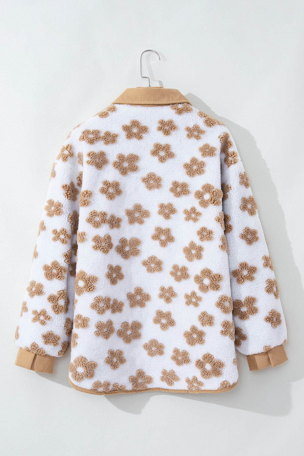 Light French Beige Cute Flower Pattern Button Up Fleece Jacket - Glimmer Road 