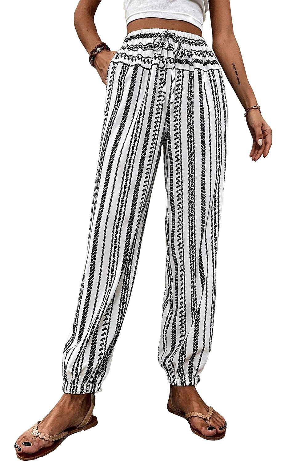 Black Stripe Boho Striped Print Casual Pants - Glimmer Road 