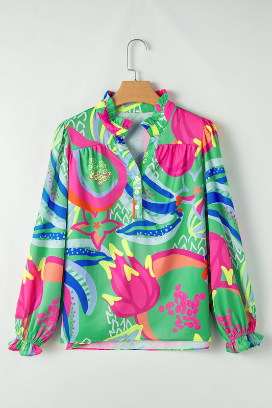 Green Abstract Print Ruffled Sleeve Buttoned V Neck Blouse - Glimmer Road 