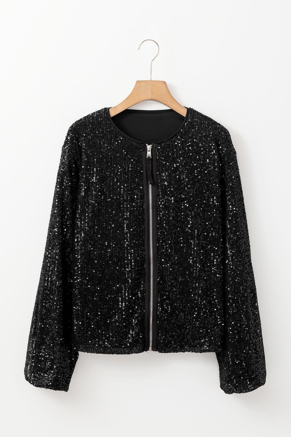 Apricot Sequin Zip up Round Neck Long Sleeve Jacket