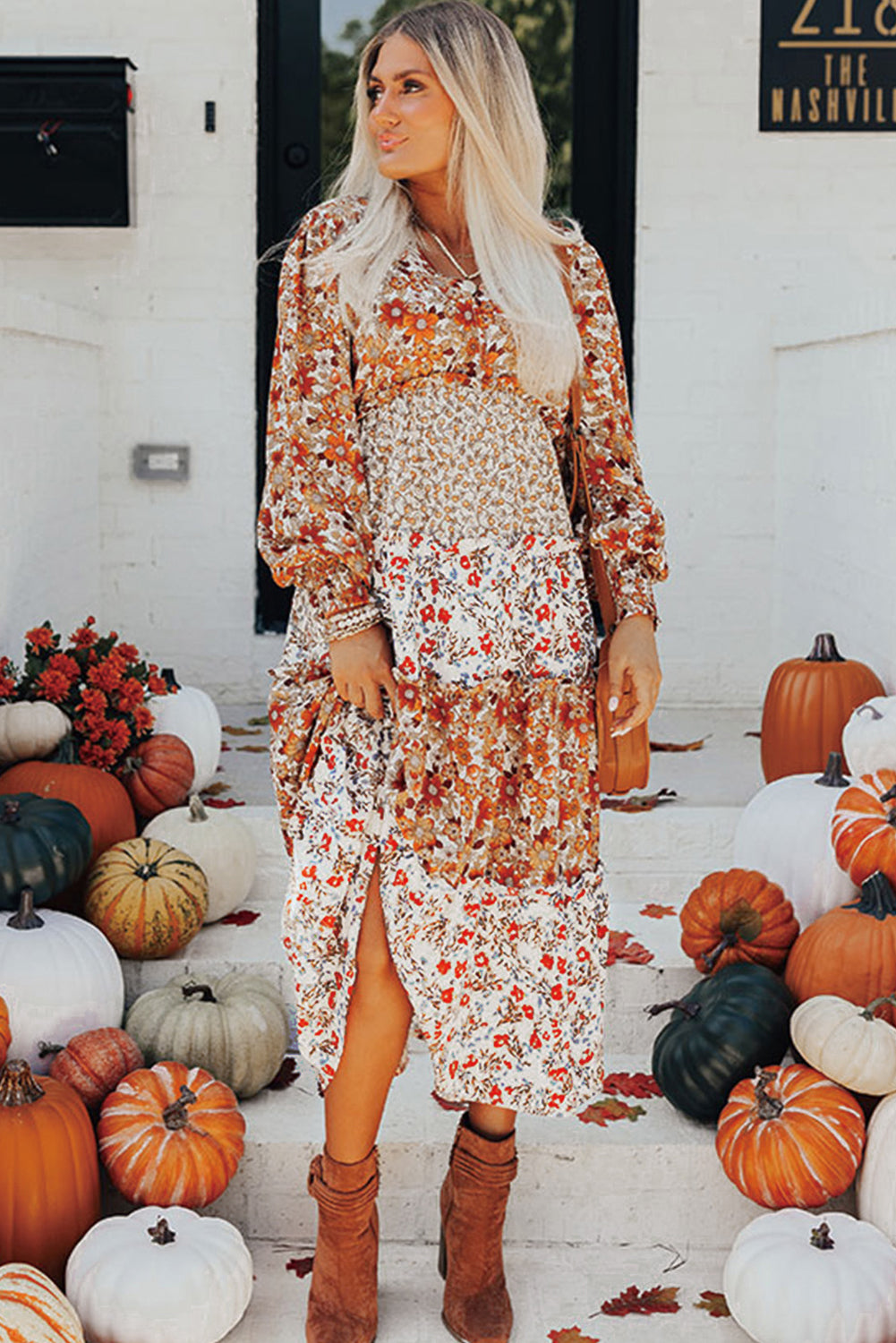 Khaki Floral Print Ruffled Tiered Long Sleeve V Neck Midi Dress - Glimmer Road 