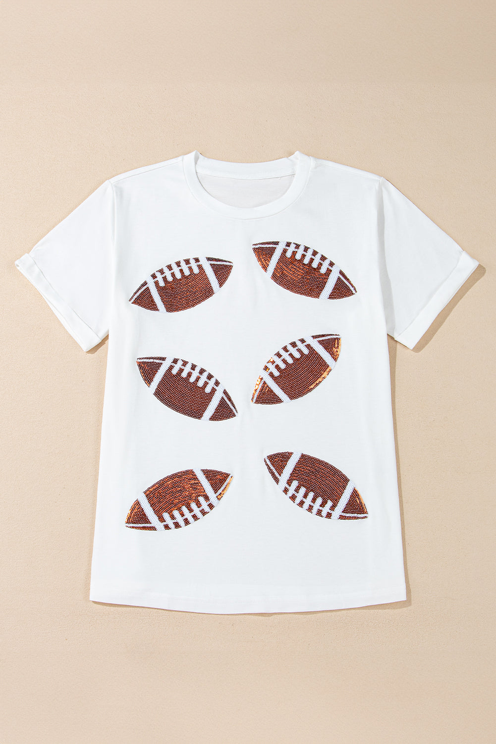 White Sequined Rugby Football Graphic Cotton T Shirt - Glimmer Road 