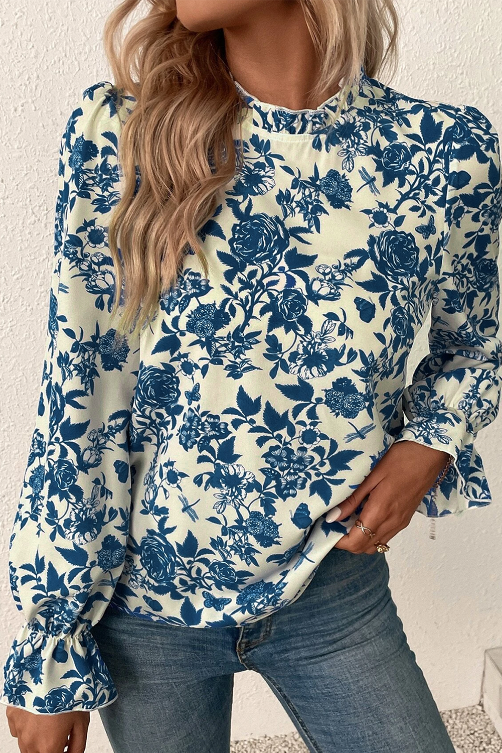 Sky Blue Floral Print Flounce Sleeve Keyhole Back Blouse - Glimmer Road 
