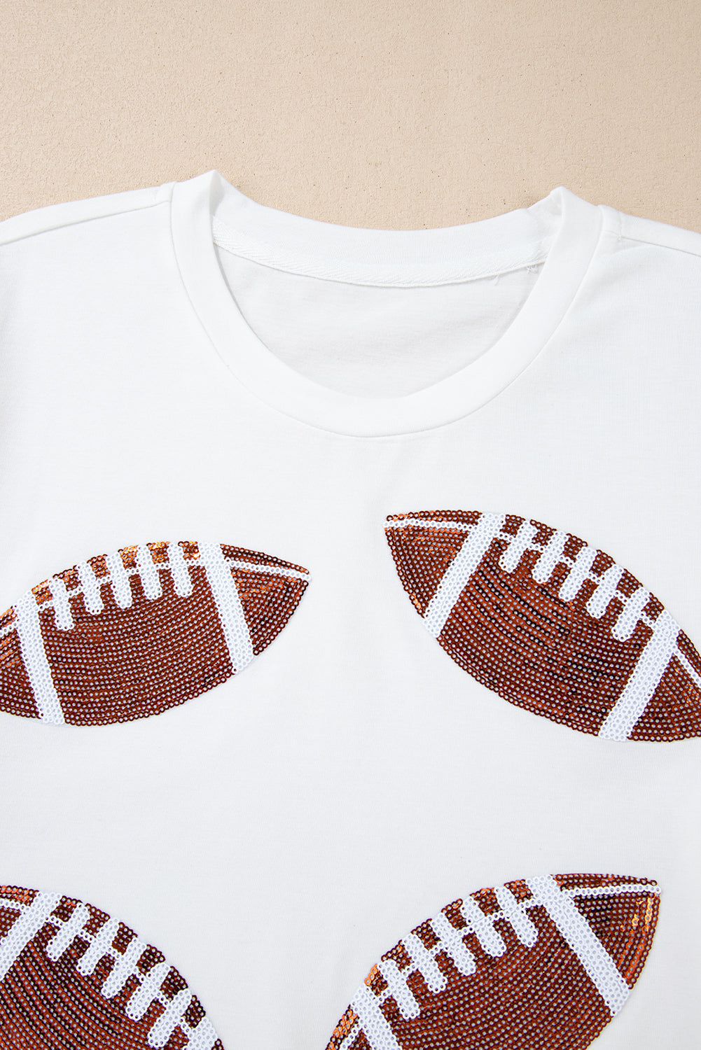 White Sequined Rugby Football Graphic Cotton T Shirt - Glimmer Road 