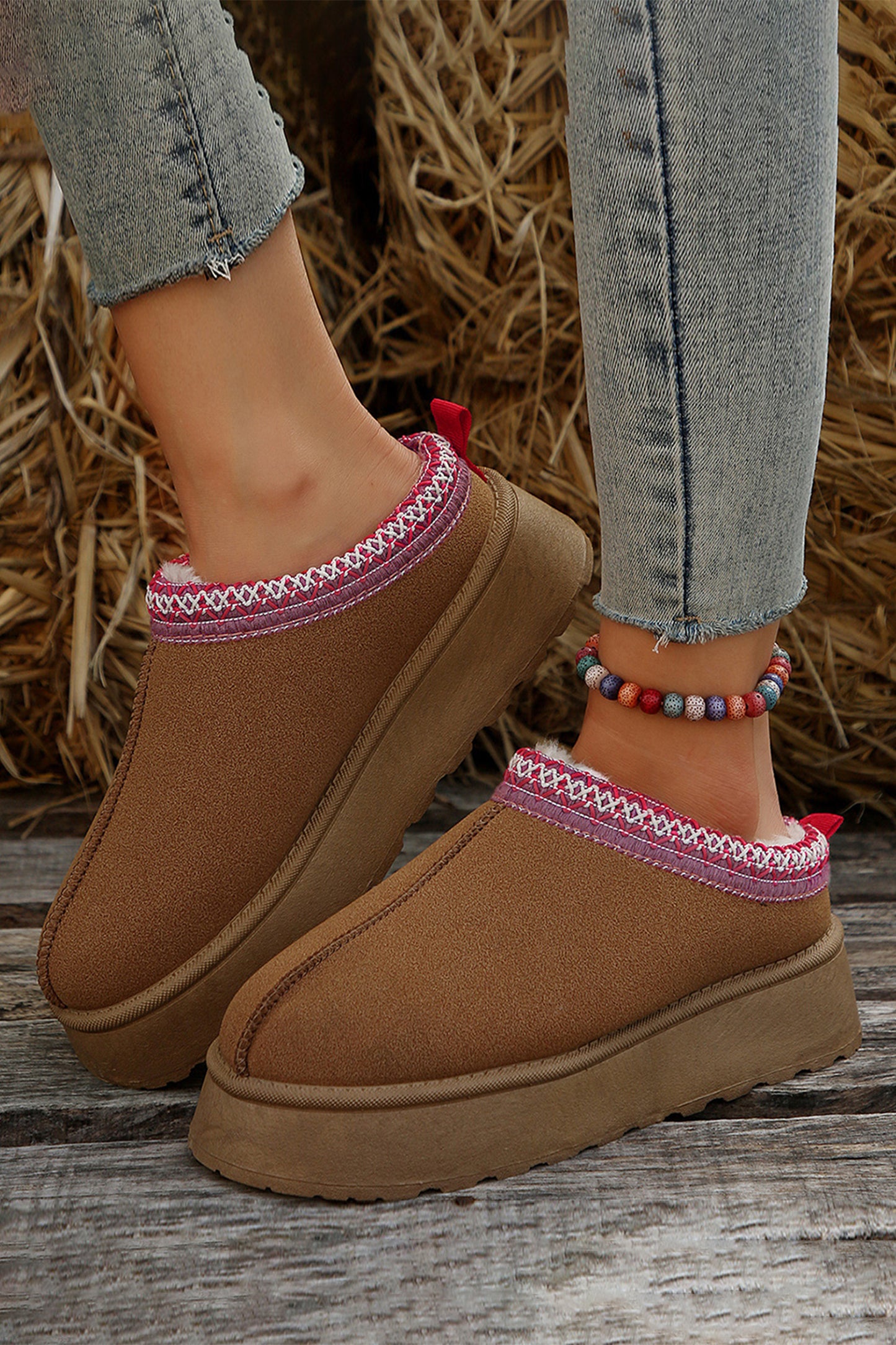 Chestnut Contrast Print Suede Plush Lined Snow Boots - Glimmer Road 