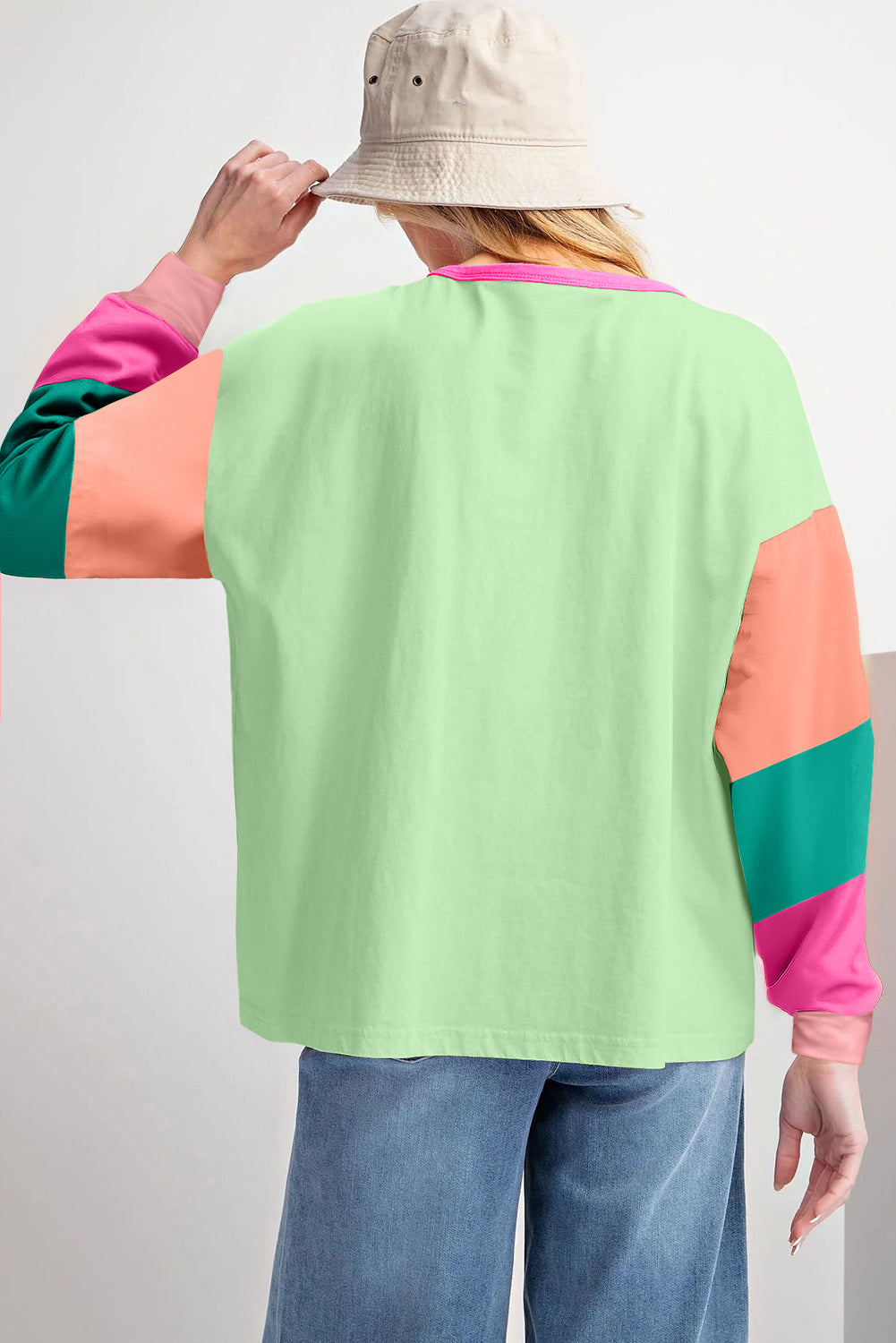 Green Colorblock Patchwork Long Sleeve Loose Top - Glimmer Road 