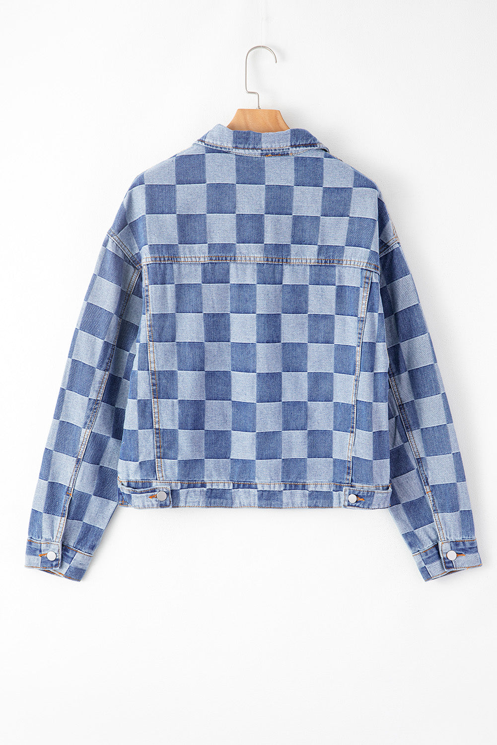 Light Blue Checkered Patchwork Button up Denim Jacket - Glimmer Road 