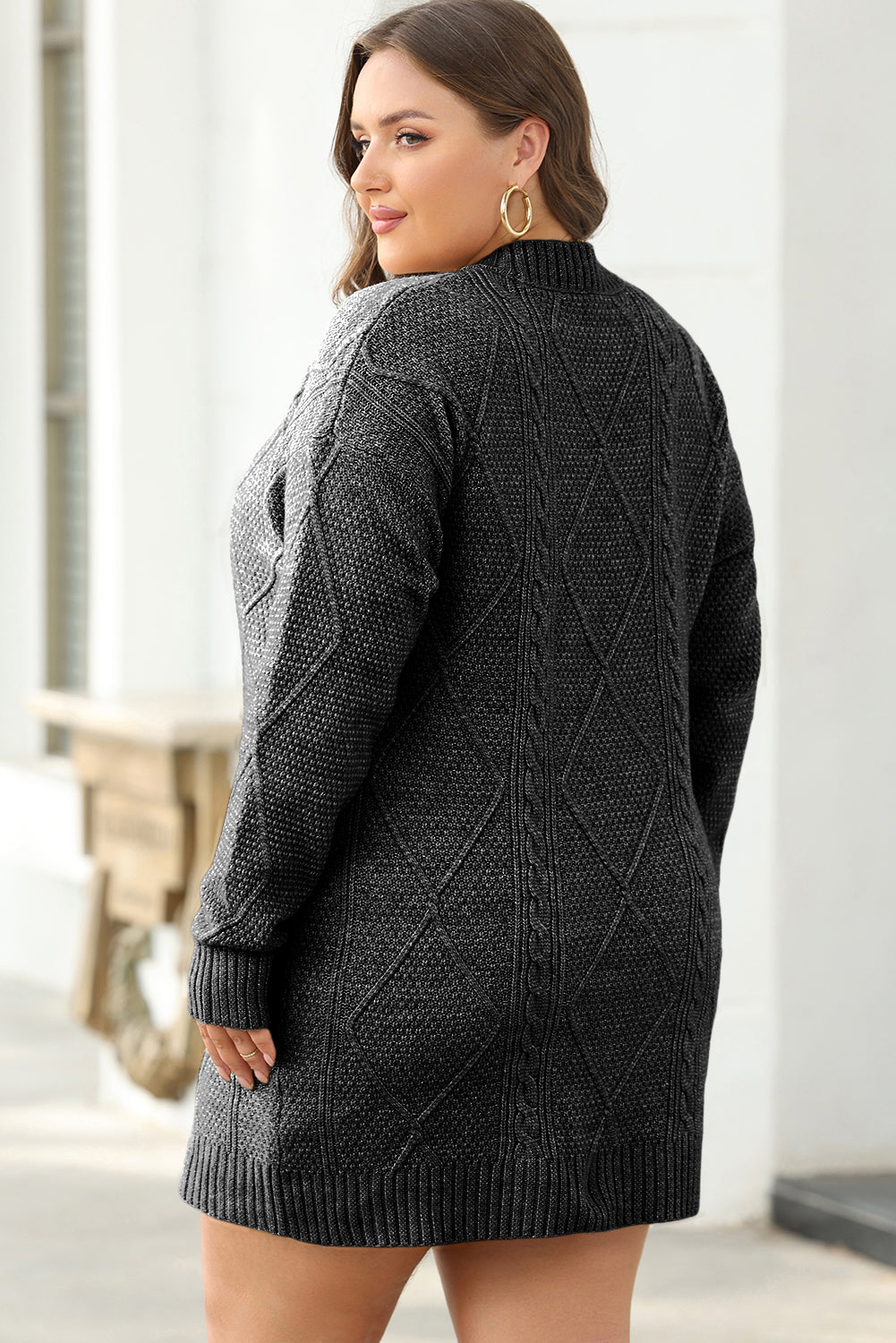Coffee Cable Knit Drop Shoulder Loose Fit Sweater Dress - Glimmer Road 