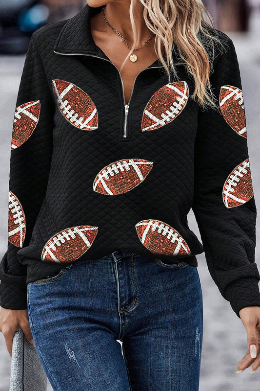 Black Sequin Rugby Football Patched Quarter Zip Textured Sweatshirt