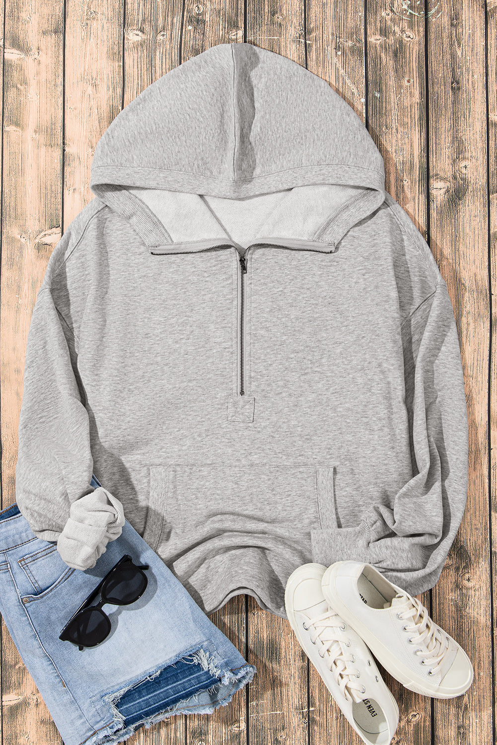 Light Grey Solid Kangaroo Pocket Half Zipper Oversized Hoodie - Glimmer Road 