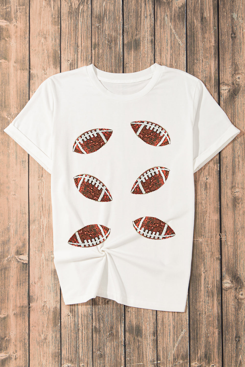 White Sequined Rugby Football Graphic Cotton T Shirt - Glimmer Road 