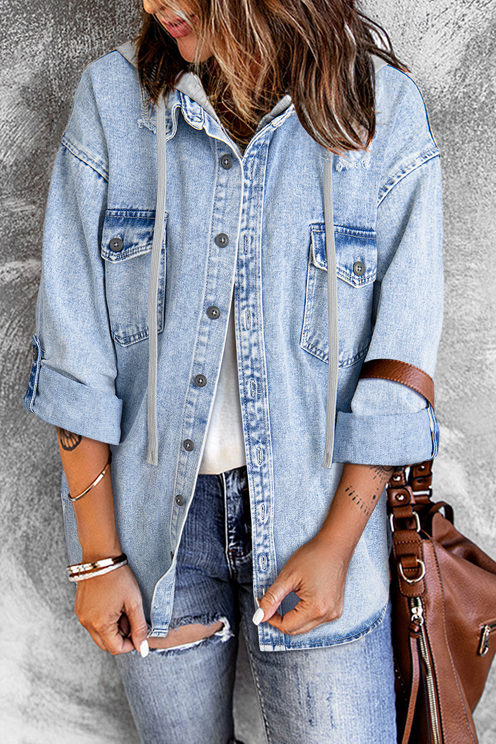 Mist Blue Oversized Contrast Hooded Denim Jacket