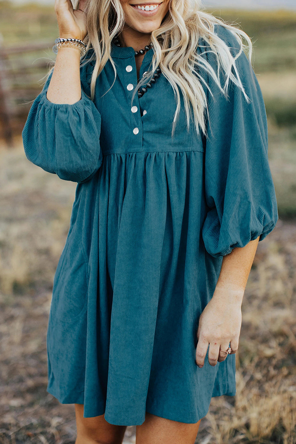 Blue Corduroy Snap Buttons Empire Waist Bracelet Sleeve Dress