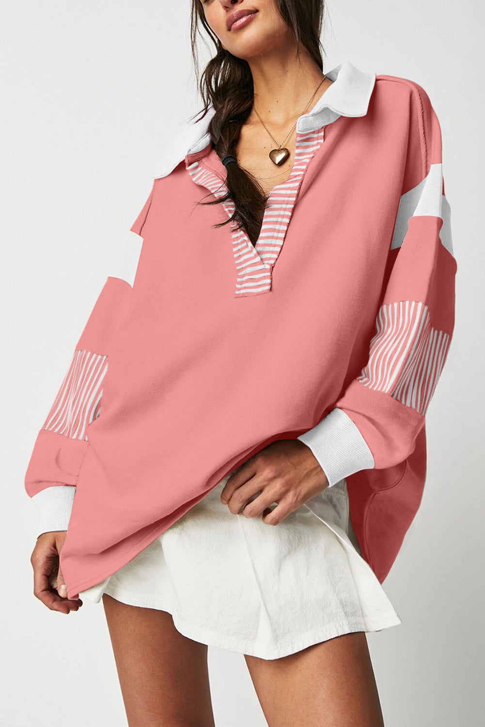 Sail Blue Striped Colorblock Patchwork Collar Sweatshirt