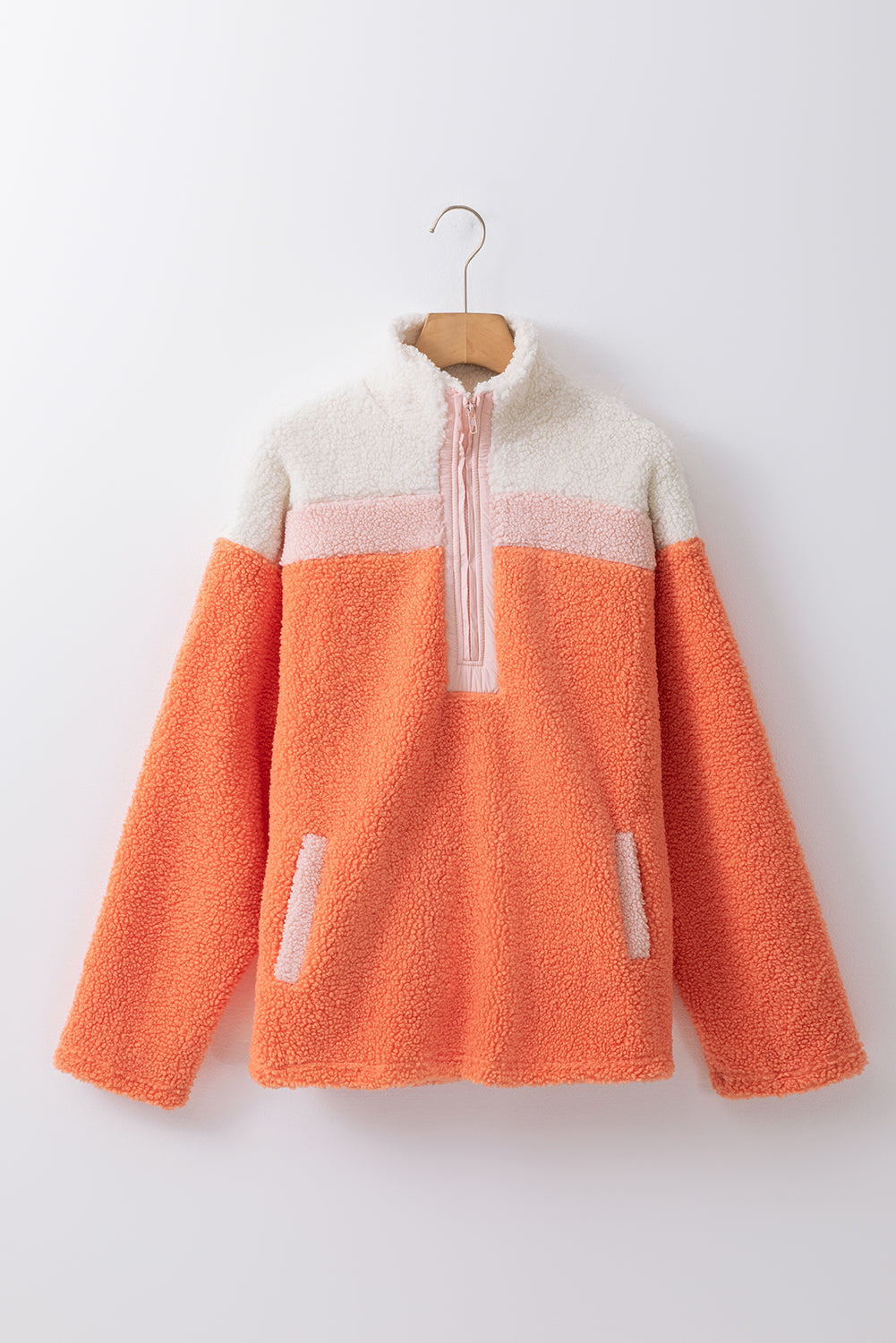 Orange Colorblock Half Zipper Stand Neck Sherpa Sweatshirt