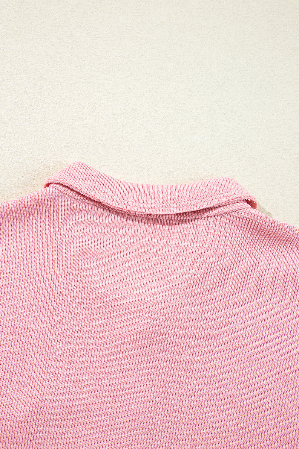 Pink Ribbed Knit Collared Henley Top with Chest Pocket