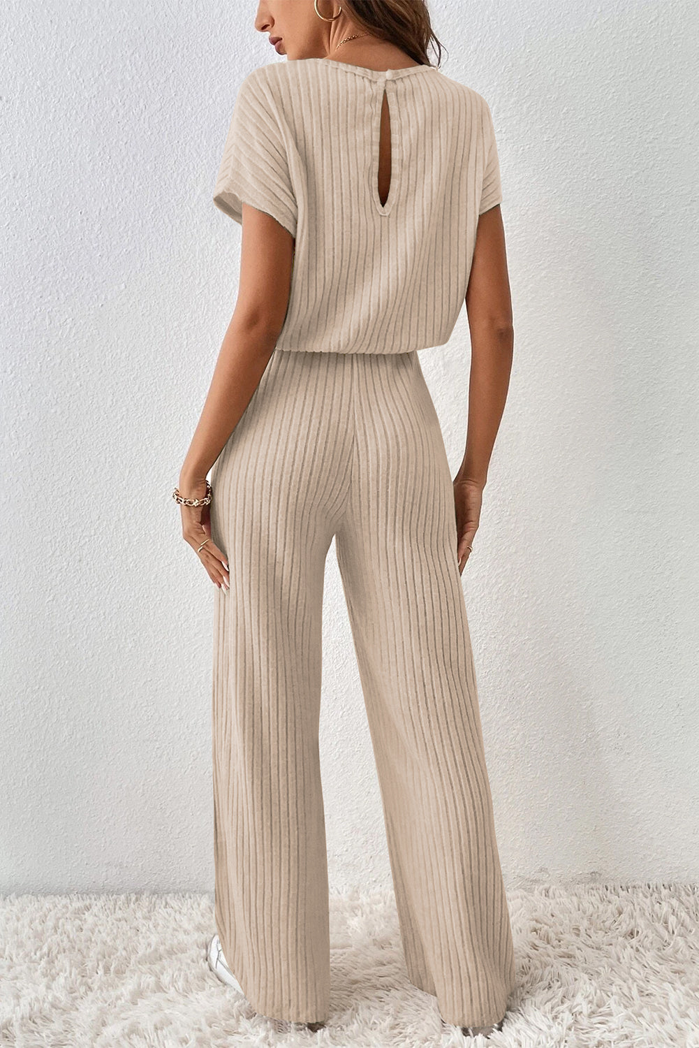 Parchment Solid Color Ribbed Short Sleeve Wide Leg Jumpsuit