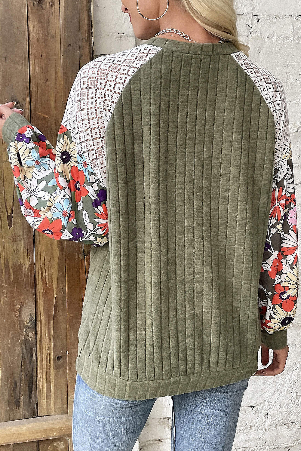 Vineyard Green Plus Size Textured Floral Patchwork Raglan Sleeve Blouse - Glimmer Road 