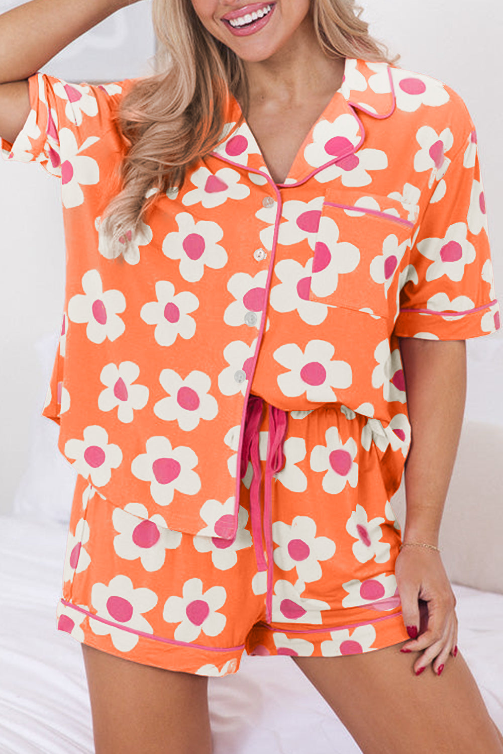 Green Flower Print Short Sleeve Shirt Pajamas Set - Glimmer Road 