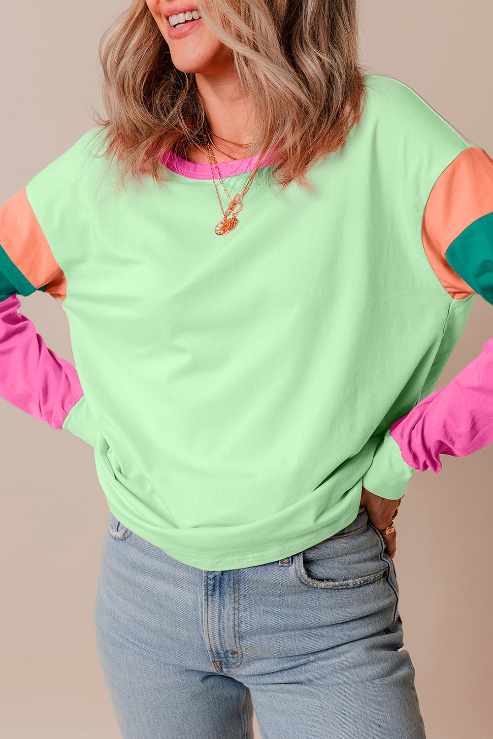 Green Colorblock Patchwork Long Sleeve Loose Top - Glimmer Road 