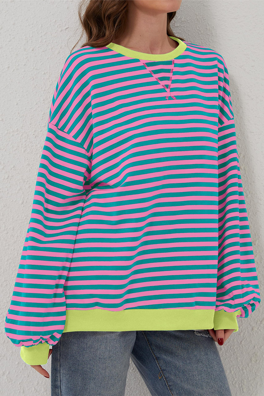 Green Stripe Oversized Contrast Trim Pullover Sweatshirt - Glimmer Road 