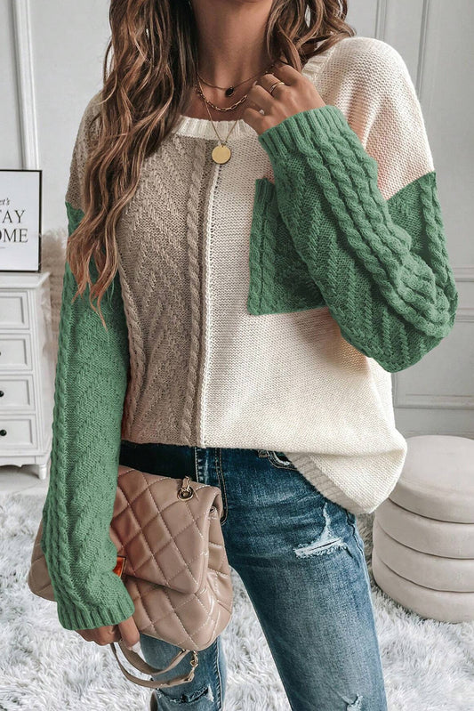 Vineyard Green Colorblock Patched Pocket Drop Shoulder Sweater - Glimmer Road 