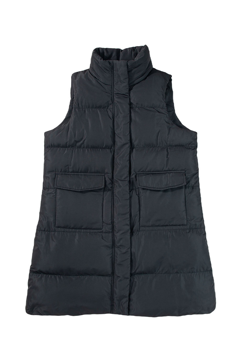 Coffee Windproof Longline Full Zipper Puffer Vest with Pockets