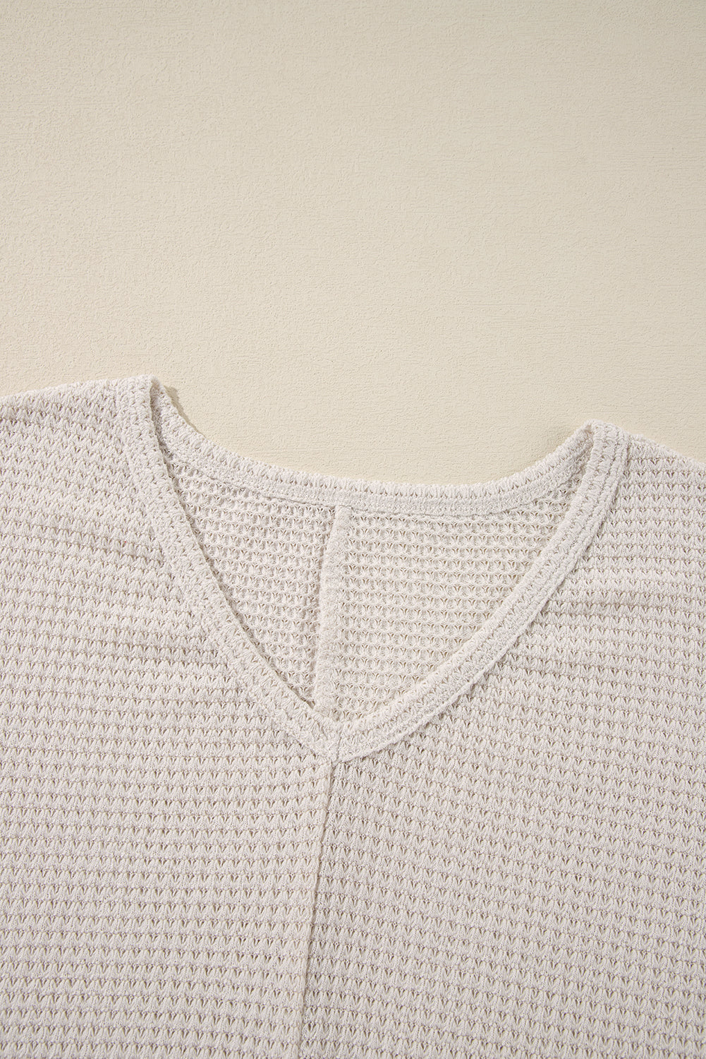 White Waffle Knit Side Slits Loose Fit V Neck Top - Glimmer Road 