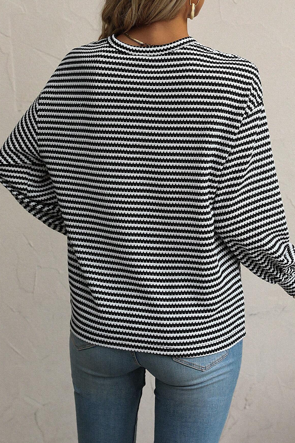 Black Stripe Round Neck Drop Shoulder Long Sleeve Top - Glimmer Road 