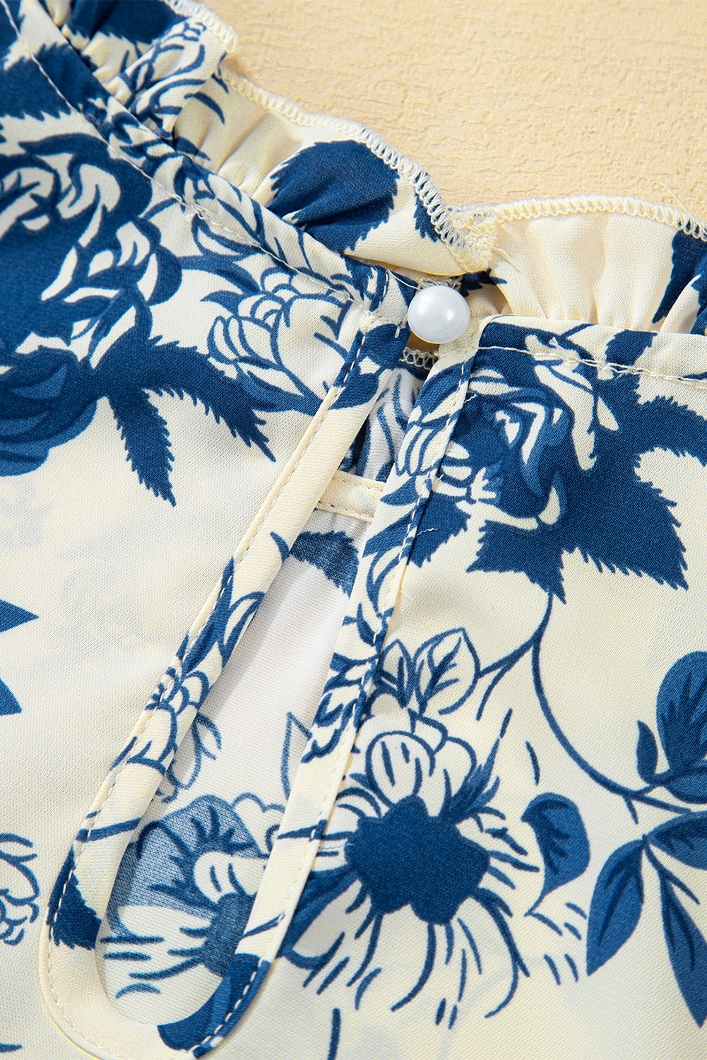 Sky Blue Floral Print Flounce Sleeve Keyhole Back Blouse - Glimmer Road 