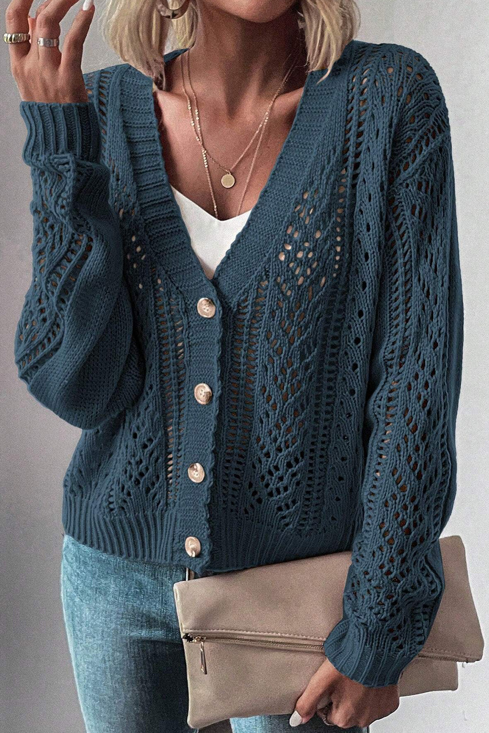 Real Teal Open Knit Drop Shoulder Sweater Cardigan - Glimmer Road 