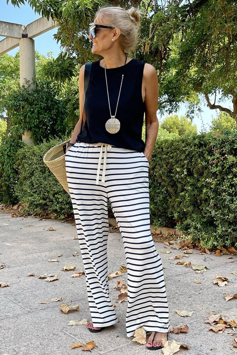 White Drawstring Striped Wide Leg Pants - Glimmer Road 