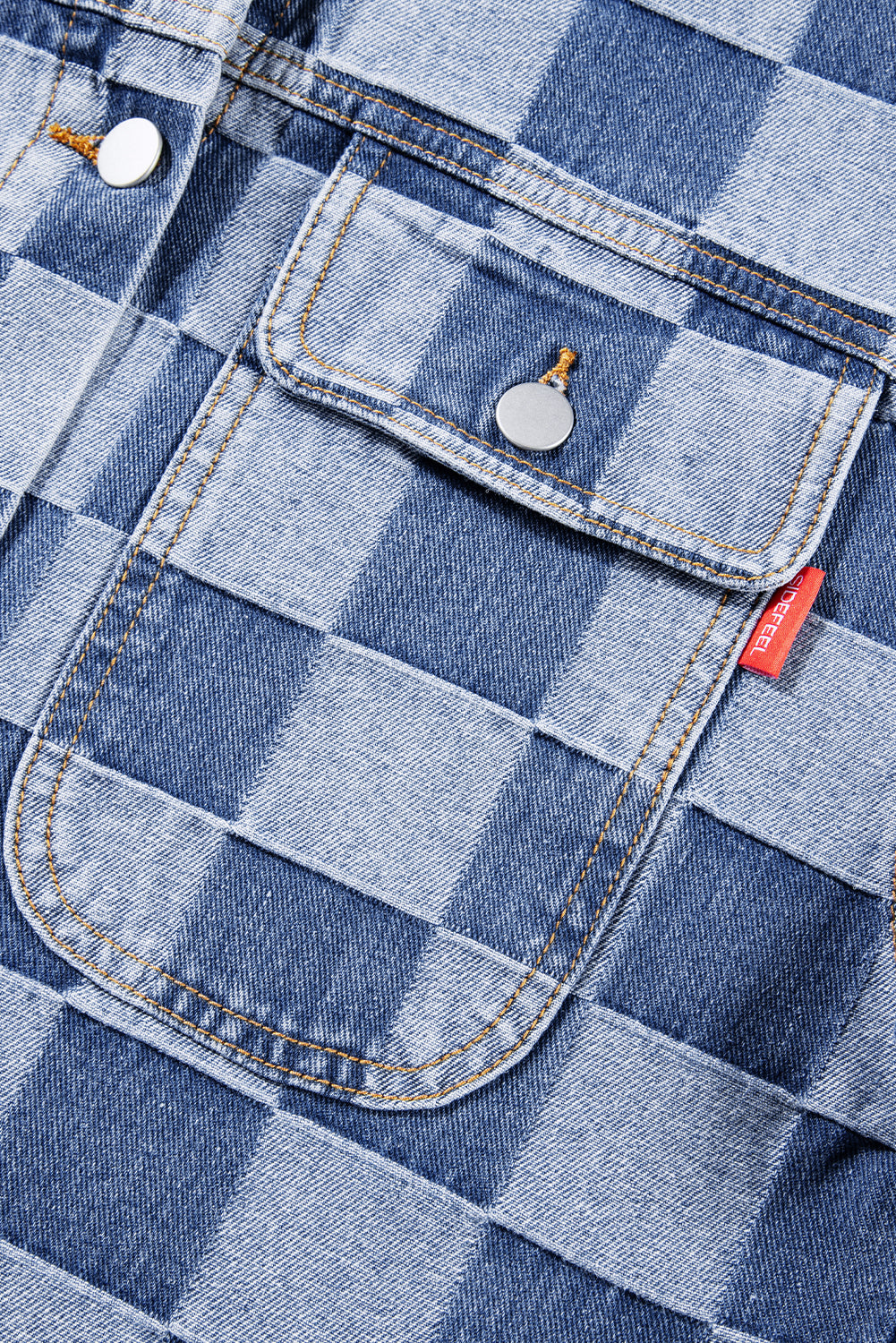 Light Blue Checkered Patchwork Button up Denim Jacket - Glimmer Road 