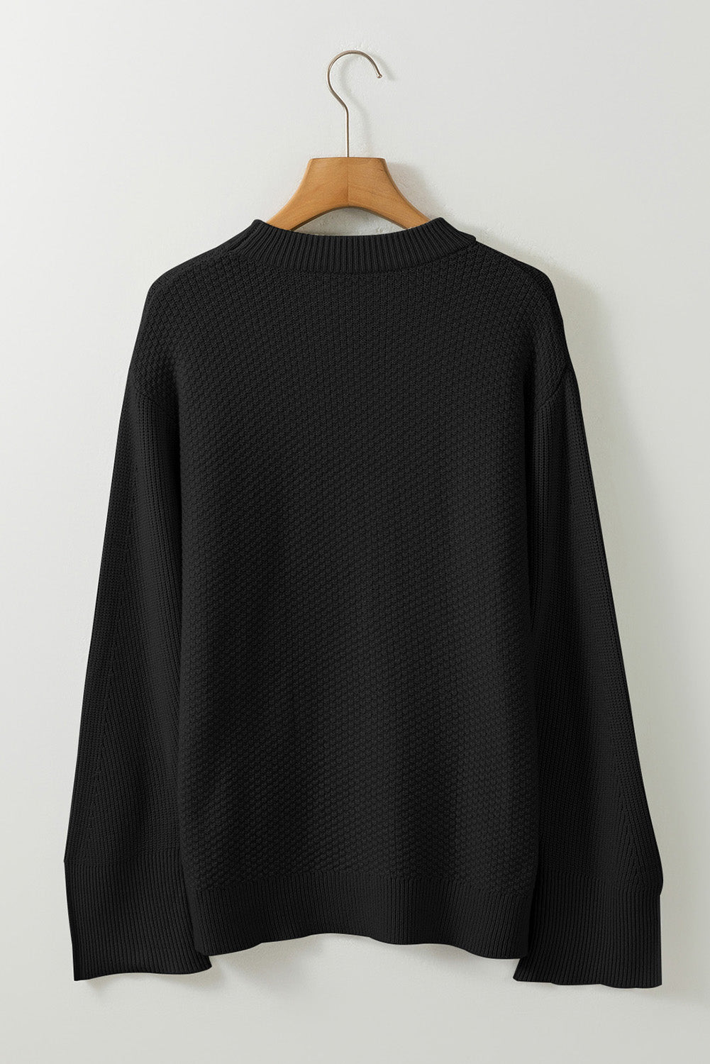 Black Solid Textured Knit Split Cuff Drop Shoulder Loose Sweater - Glimmer Road 
