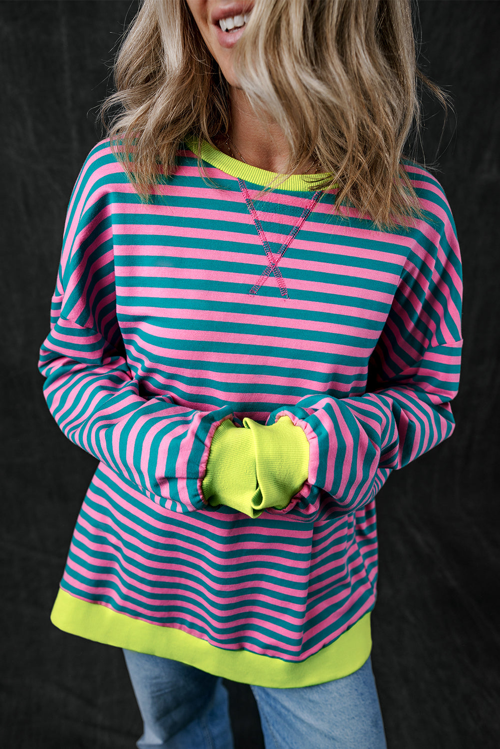 Green Stripe Oversized Contrast Trim Pullover Sweatshirt - Glimmer Road 