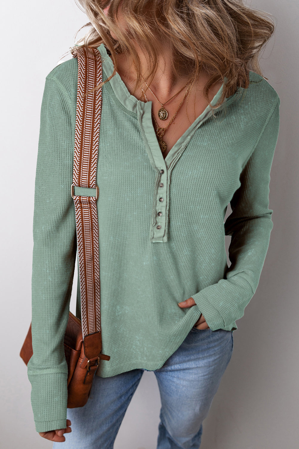 Black Acid Wash Waffle Knit Buttoned Neckline Long Sleeve Top - Glimmer Road 