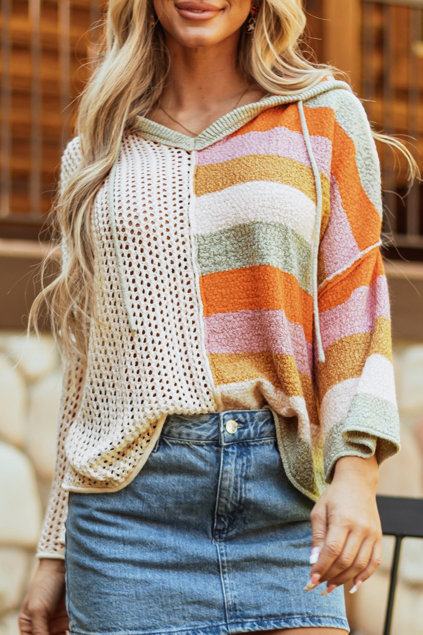 Beige Oversized Colorblock V Neck Hooded Sweater - Glimmer Road 