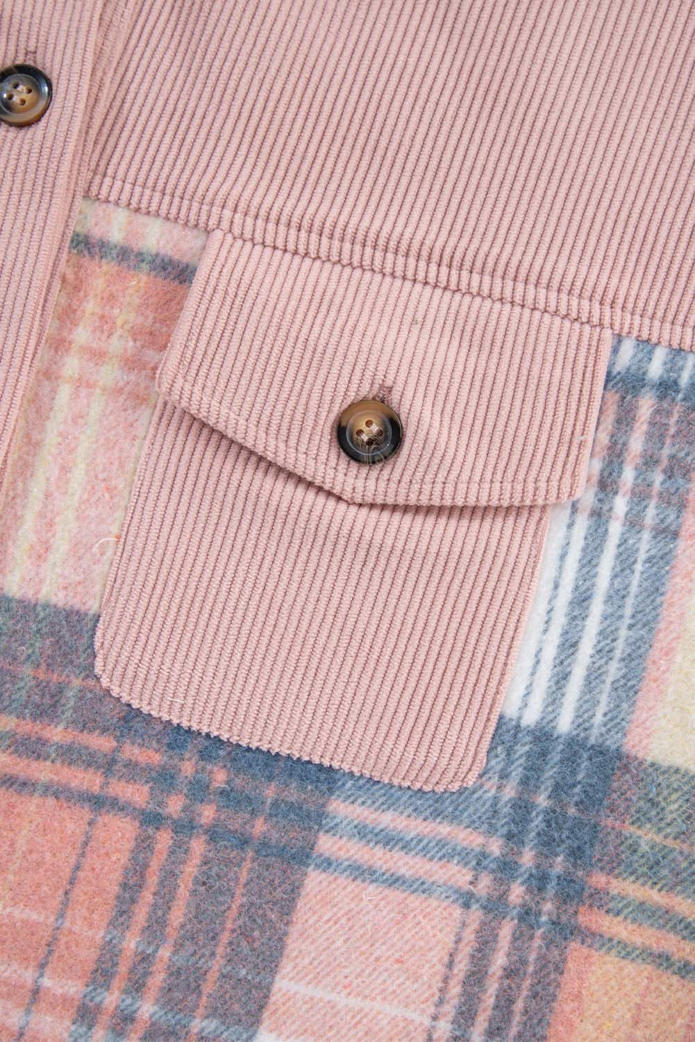Light Pink Plaid Corduroy Patchwork Chest Pocket Shacket - Glimmer Road 