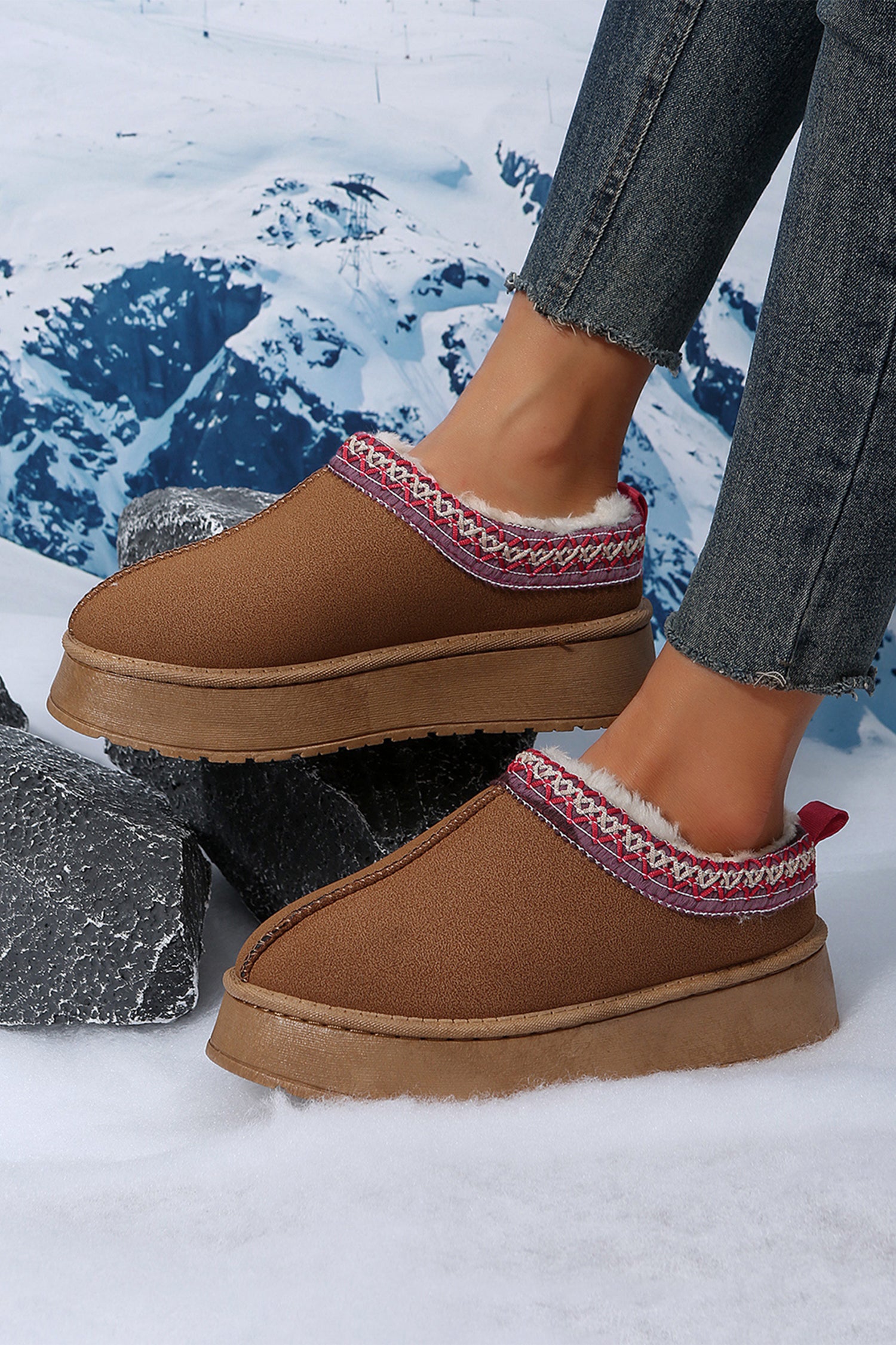 Chestnut Contrast Print Suede Plush Lined Snow Boots - Glimmer Road 
