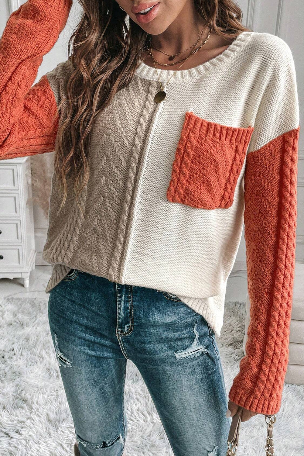 Gold Flame Colorblock Patched Pocket Drop Shoulder Sweater - Glimmer Road 