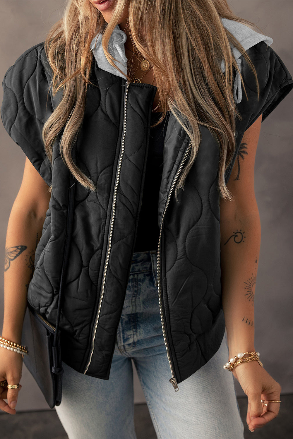 Black Quilted Drawstring Hooded Zip Up Puffer Vest - Glimmer Road 