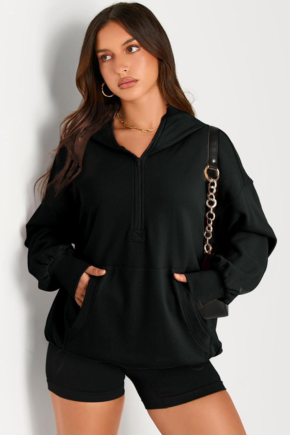 Light Grey Solid Kangaroo Pocket Half Zipper Oversized Hoodie - Glimmer Road 