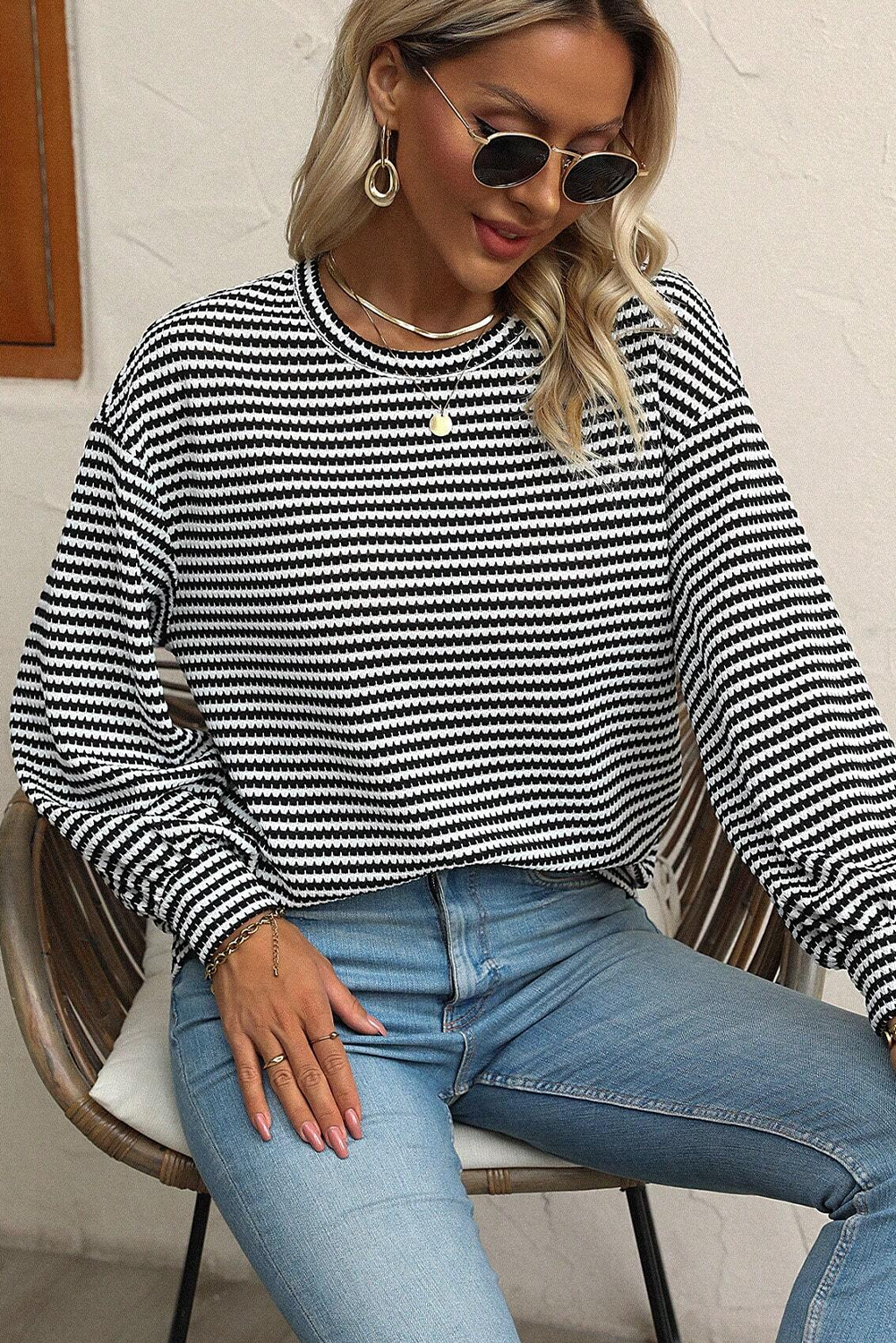 Black Stripe Round Neck Drop Shoulder Long Sleeve Top - Glimmer Road 