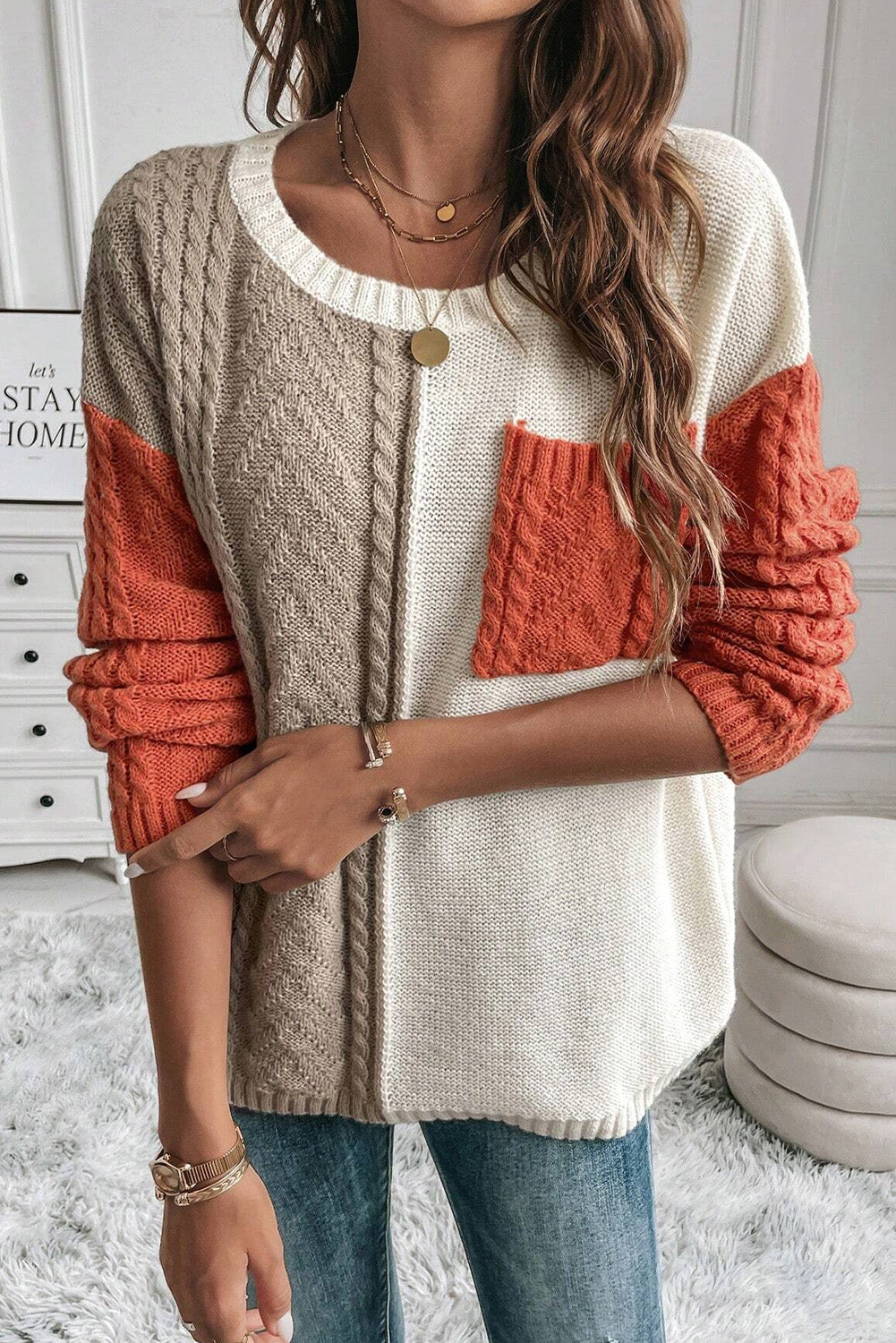 Gold Flame Colorblock Patched Pocket Drop Shoulder Sweater - Glimmer Road 