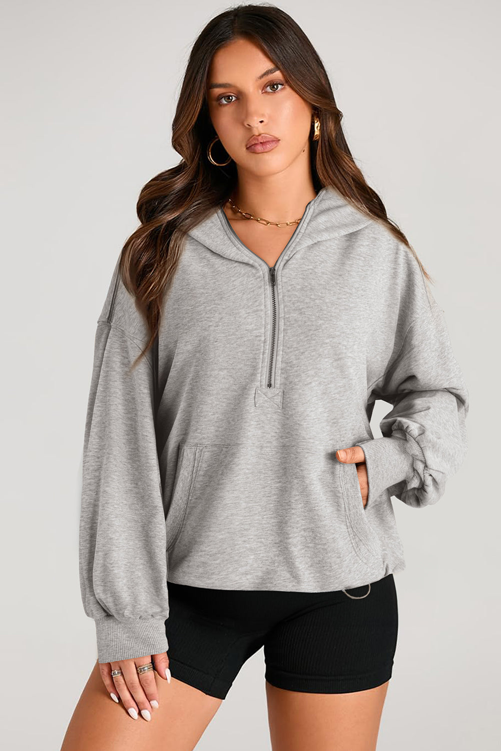 Light Grey Solid Kangaroo Pocket Half Zipper Oversized Hoodie - Glimmer Road 