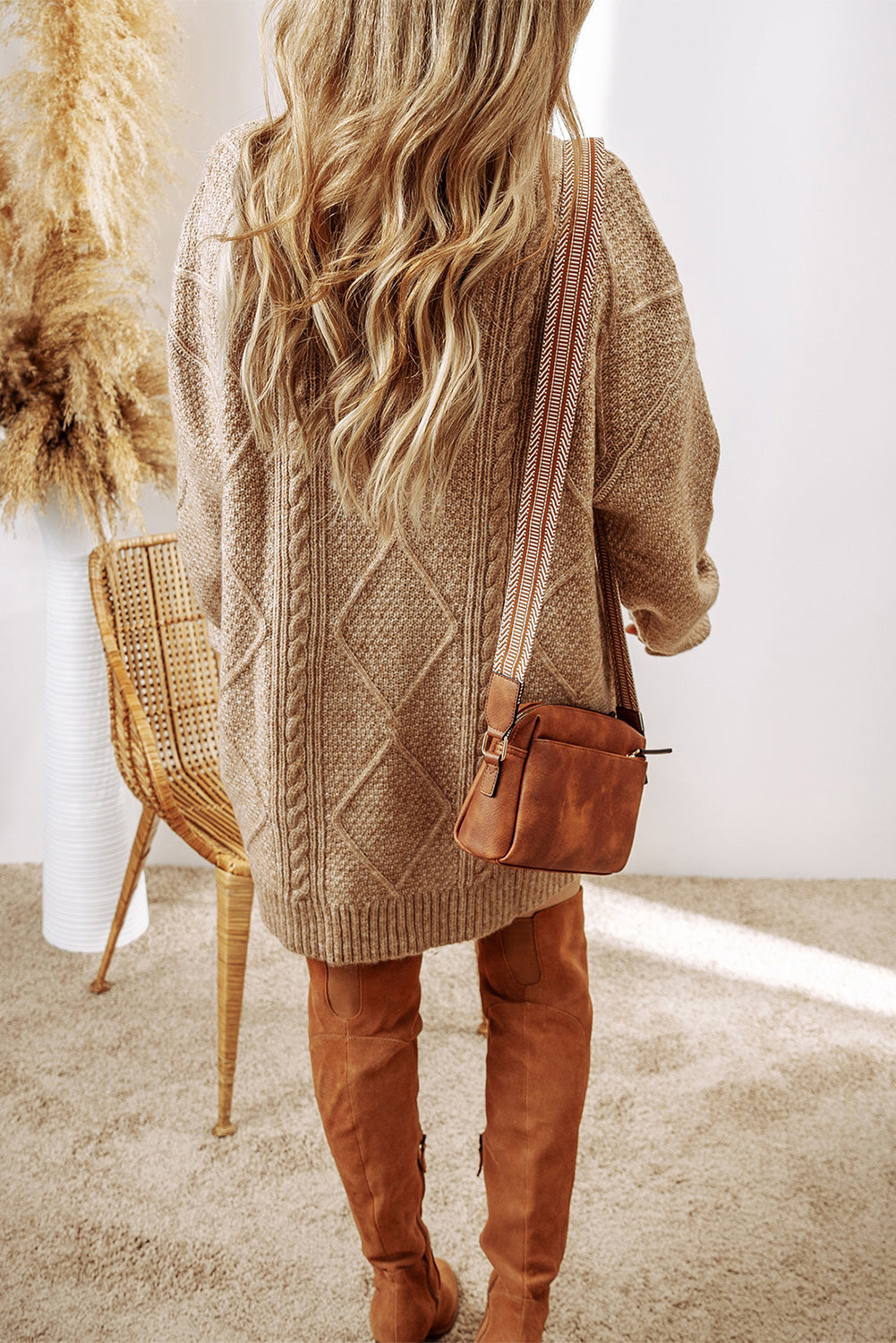 Coffee Cable Knit Drop Shoulder Loose Fit Sweater Dress